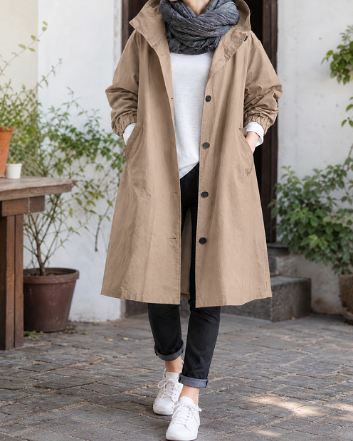 Herbstschwung – Damenmantel mit Kapuze und ausgestelltem Schnitt