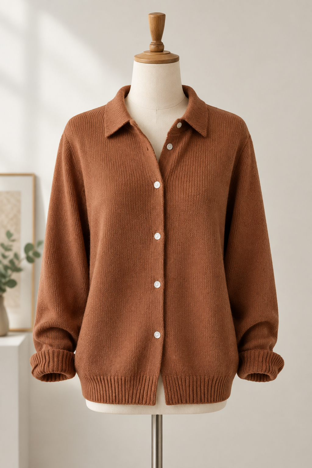 Cognacbraune Damenstrickjacke mit Kragen