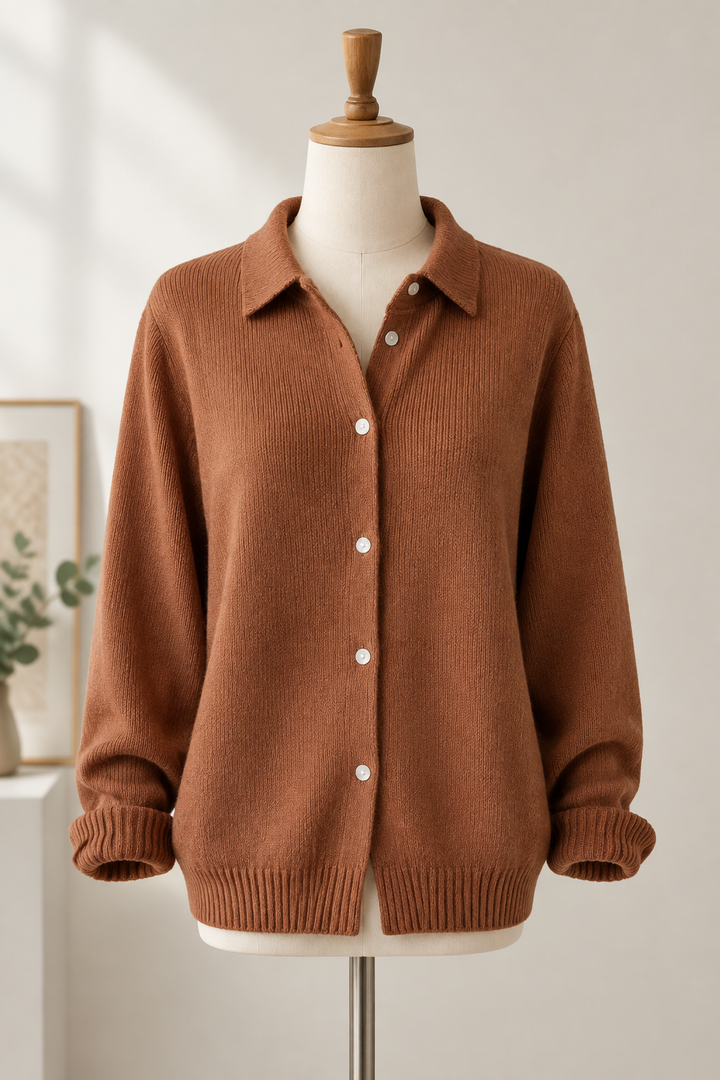 Cognacbraune Damenstrickjacke mit Kragen