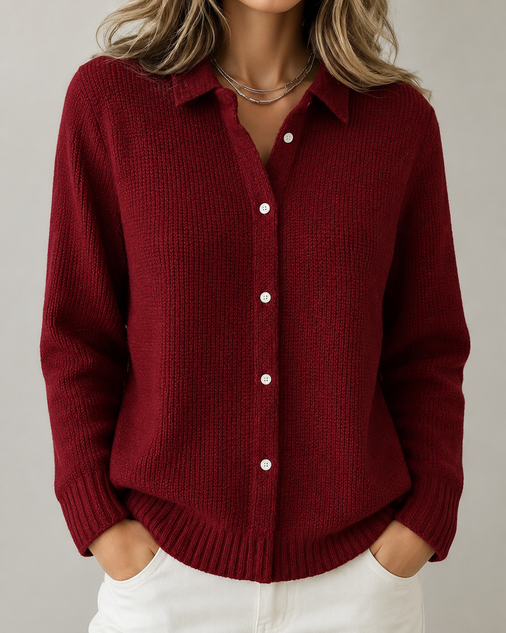 Bordeauxrote Damenstrickjacke mit Kragen