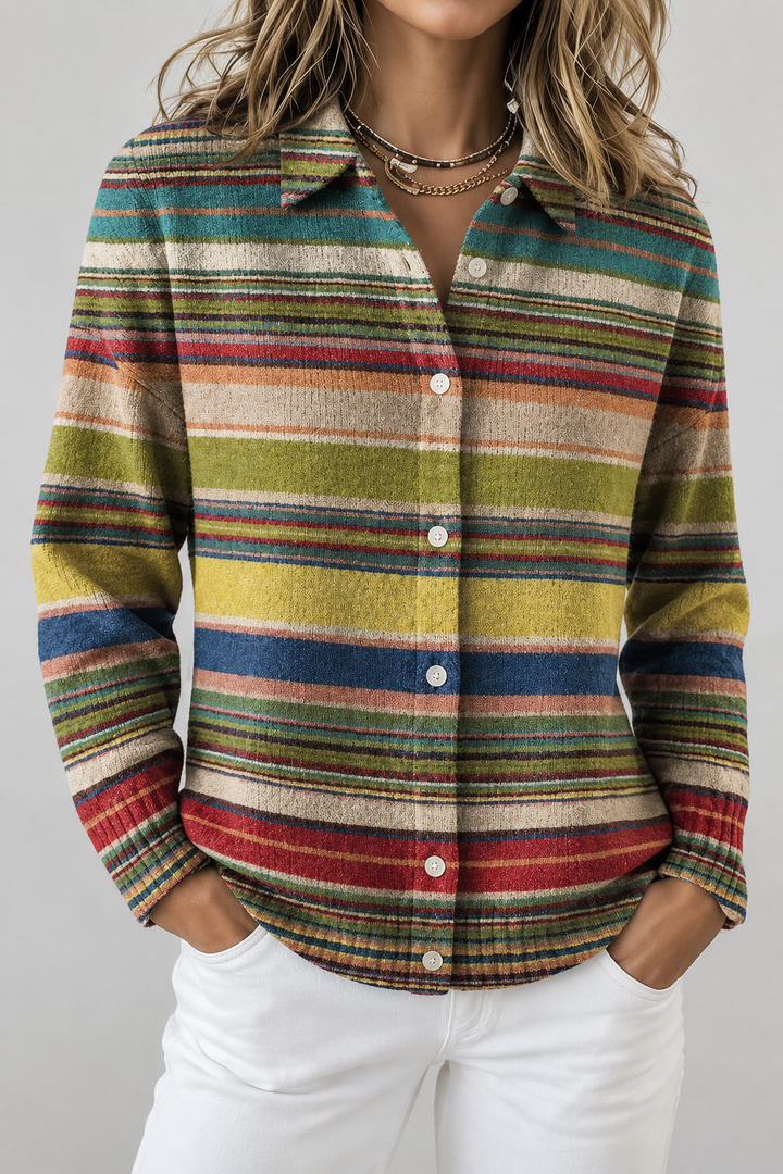 Mehrfarbige Damenstrickjacke mit Streifenmuster