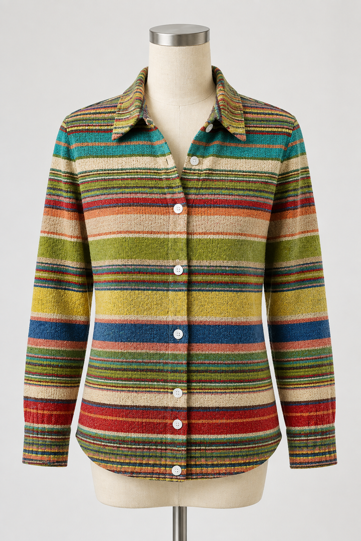 Mehrfarbige Damenstrickjacke mit Streifenmuster