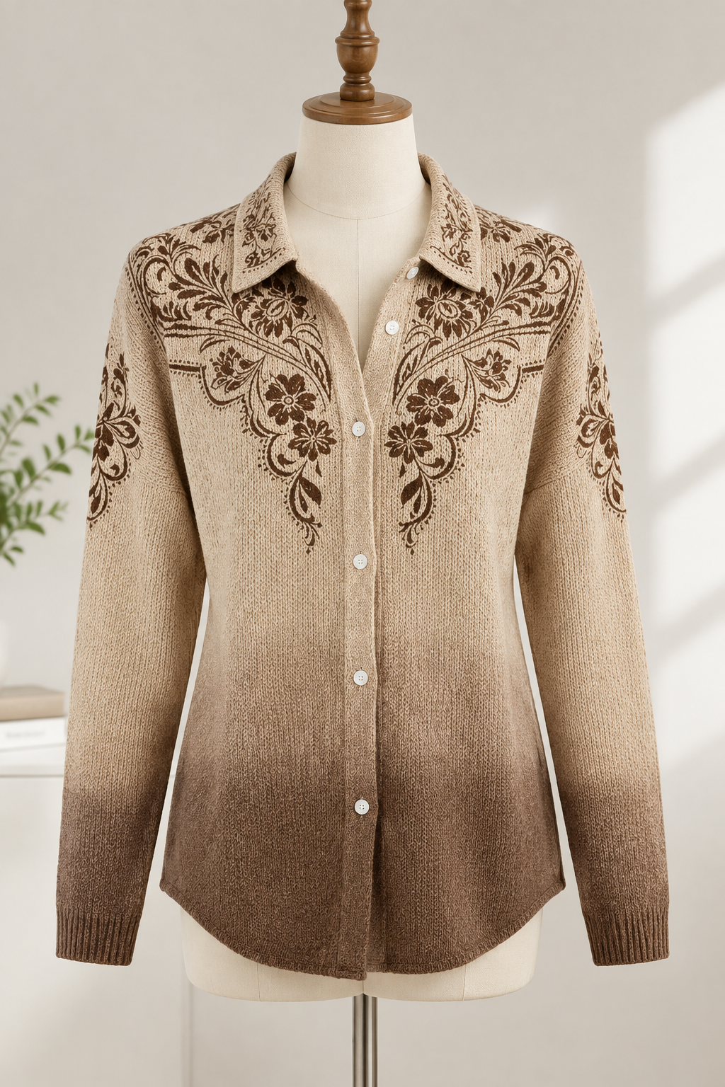 Beige-braune Damenstrickjacke mit Blumenmuster