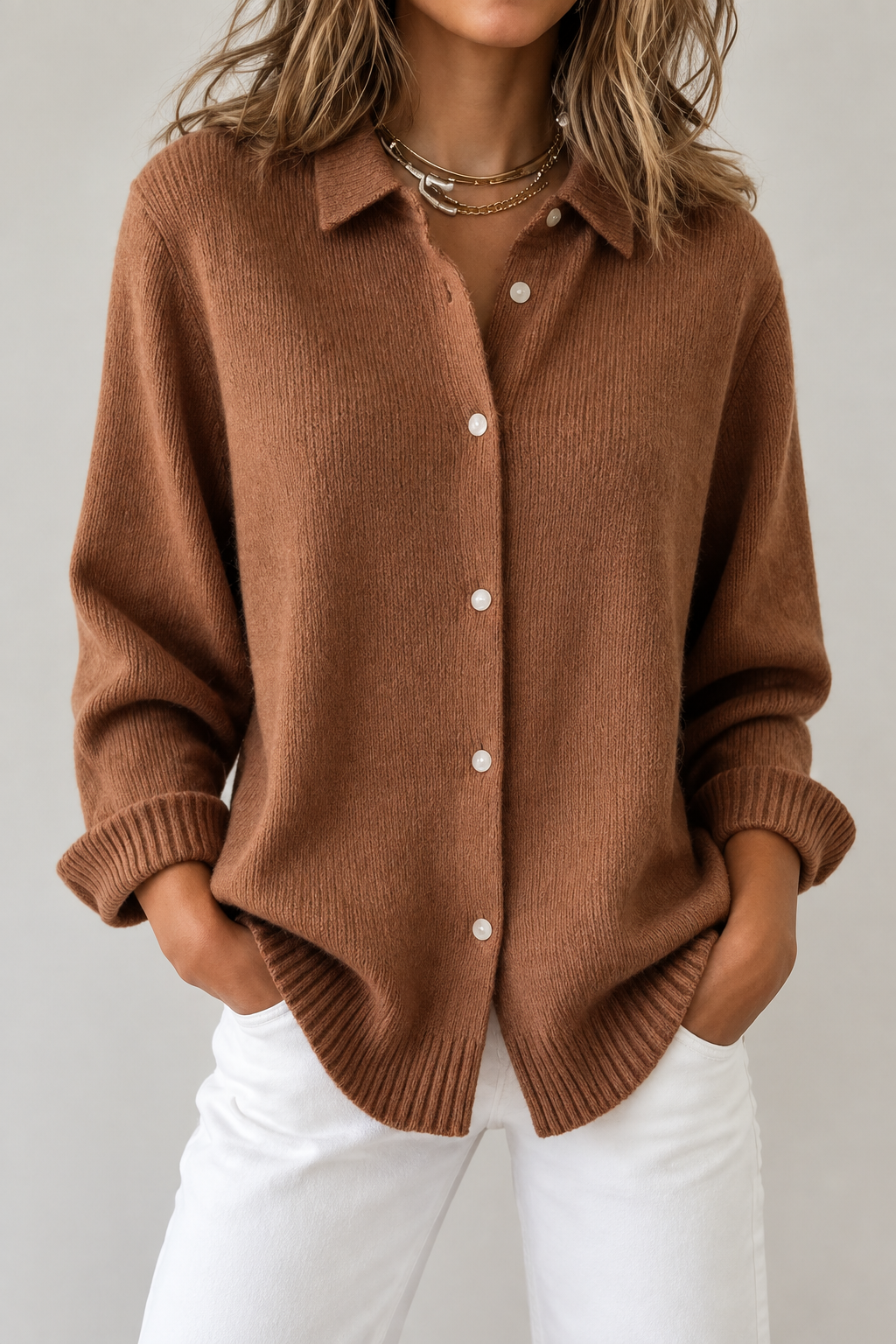 Cognacbraune Damenstrickjacke mit Kragen