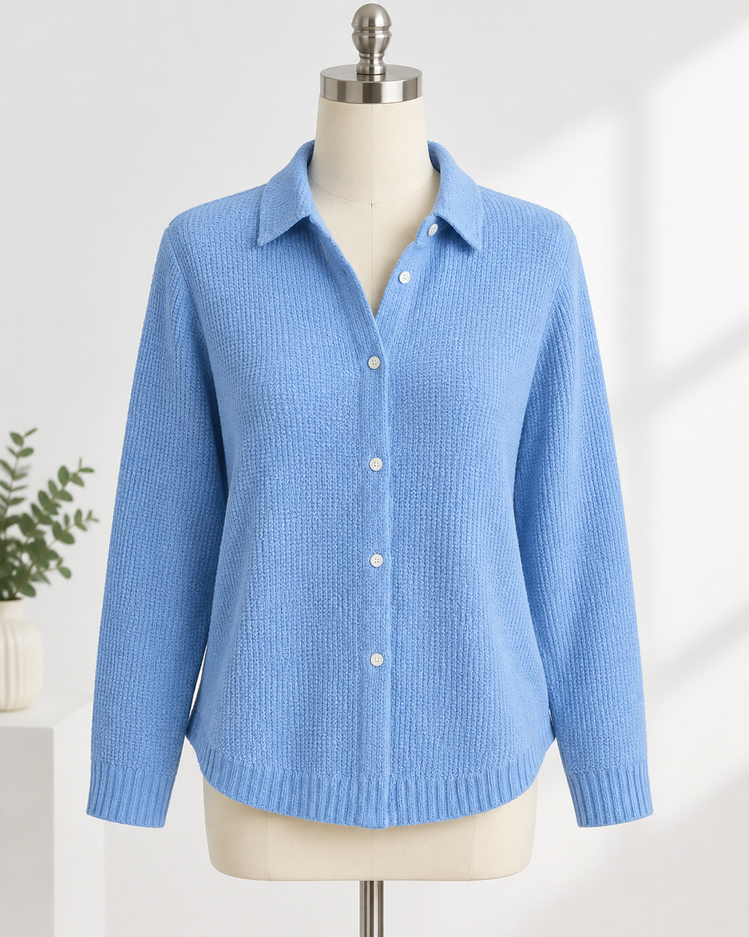 Hellblaue Damenstrickjacke mit Kragen