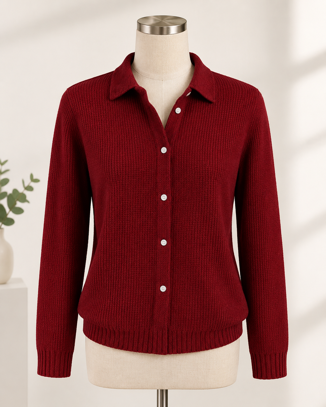 Bordeauxrote Damenstrickjacke mit Kragen