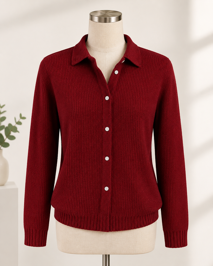 Bordeauxrote Damenstrickjacke mit Kragen