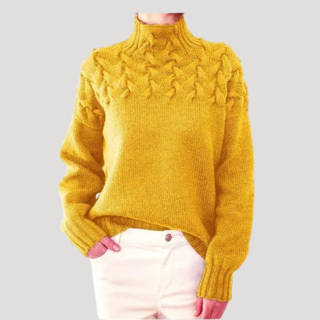 Damen-Kabelstrickpullover mit hohem Kragen