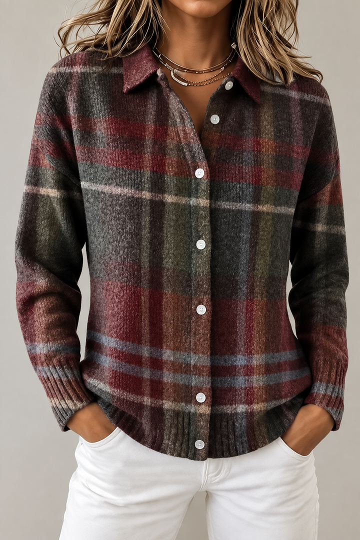 Bordeaux-graue Damenstrickjacke im Karomuster