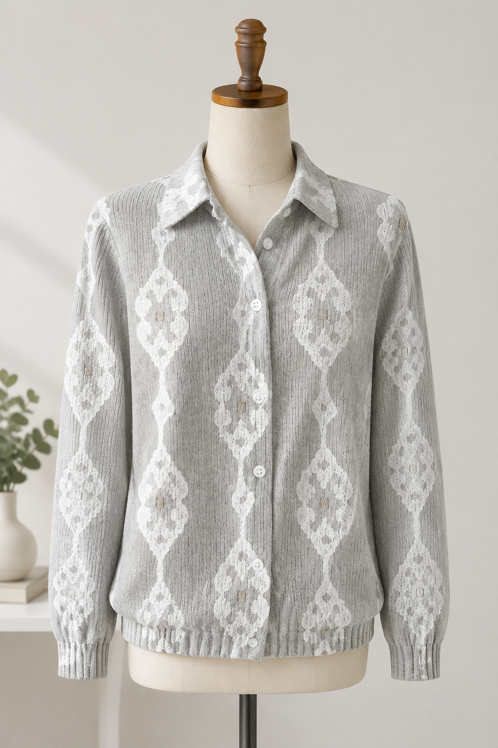 Graue Damenbluse mit Rautenmuster