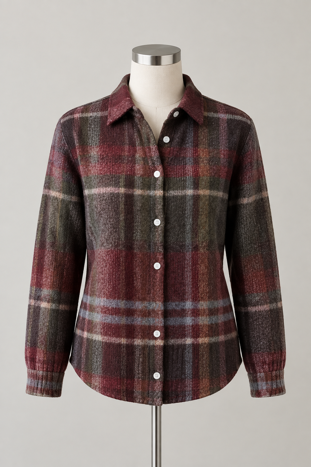Bordeaux-graue Damenstrickjacke im Karomuster