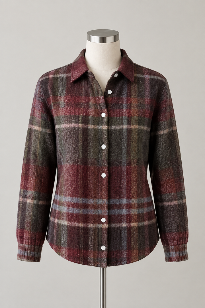 Bordeaux-graue Damenstrickjacke im Karomuster