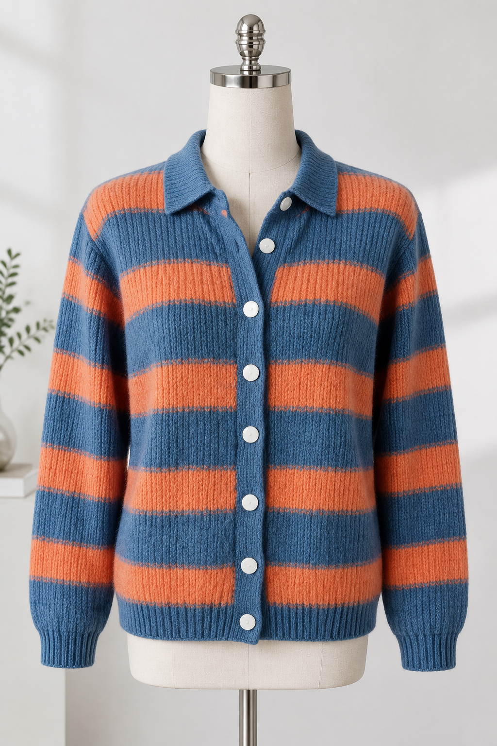 Blau-orange Damenstrickjacke mit Streifen