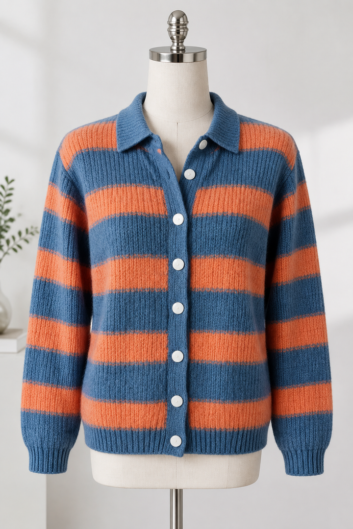 Blau-orange Damenstrickjacke mit Streifen