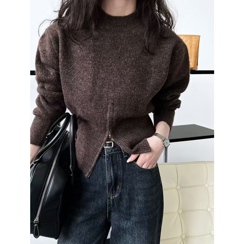 Damen-Strickpullover mit kurzem Reißverschluss