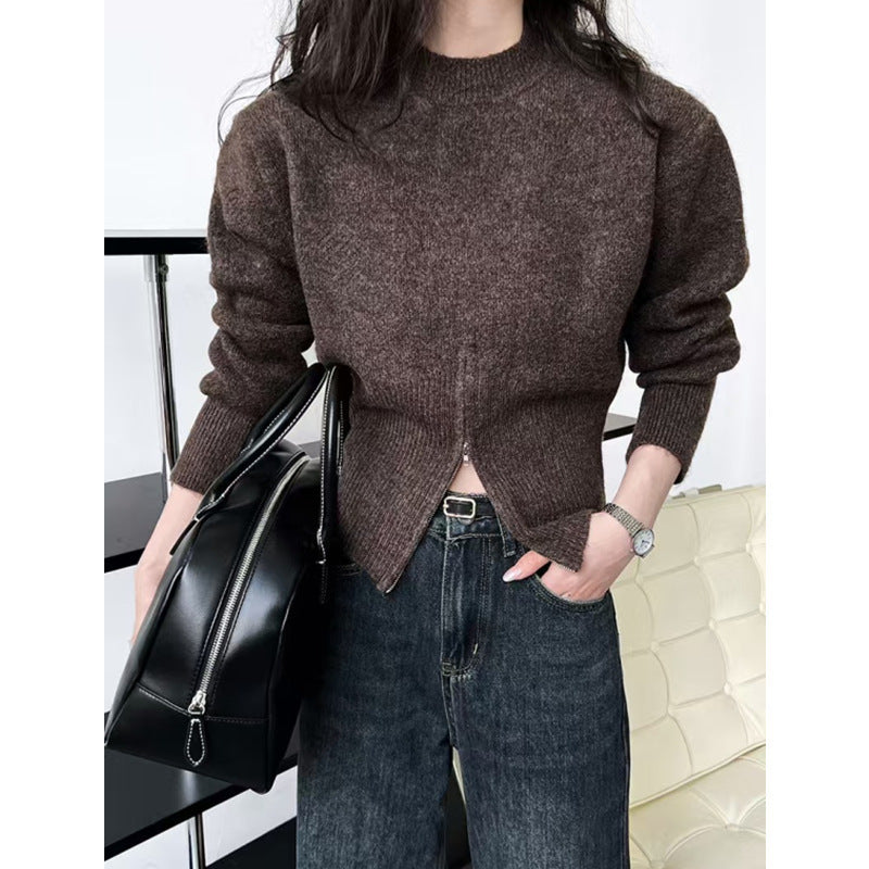 Damen-Strickpullover mit kurzem Reißverschluss