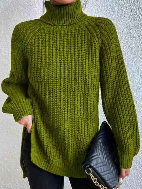 Klassischer Damen-Rollkragenpullover mit Rippstrick | Bohnengrün